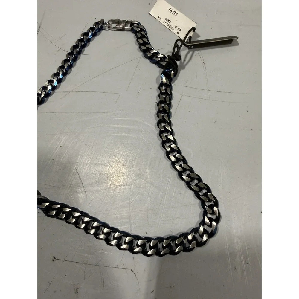 Anthony Jacobs Men's Stainless Steel Cuban Link Necklace Blue/Silver Signed